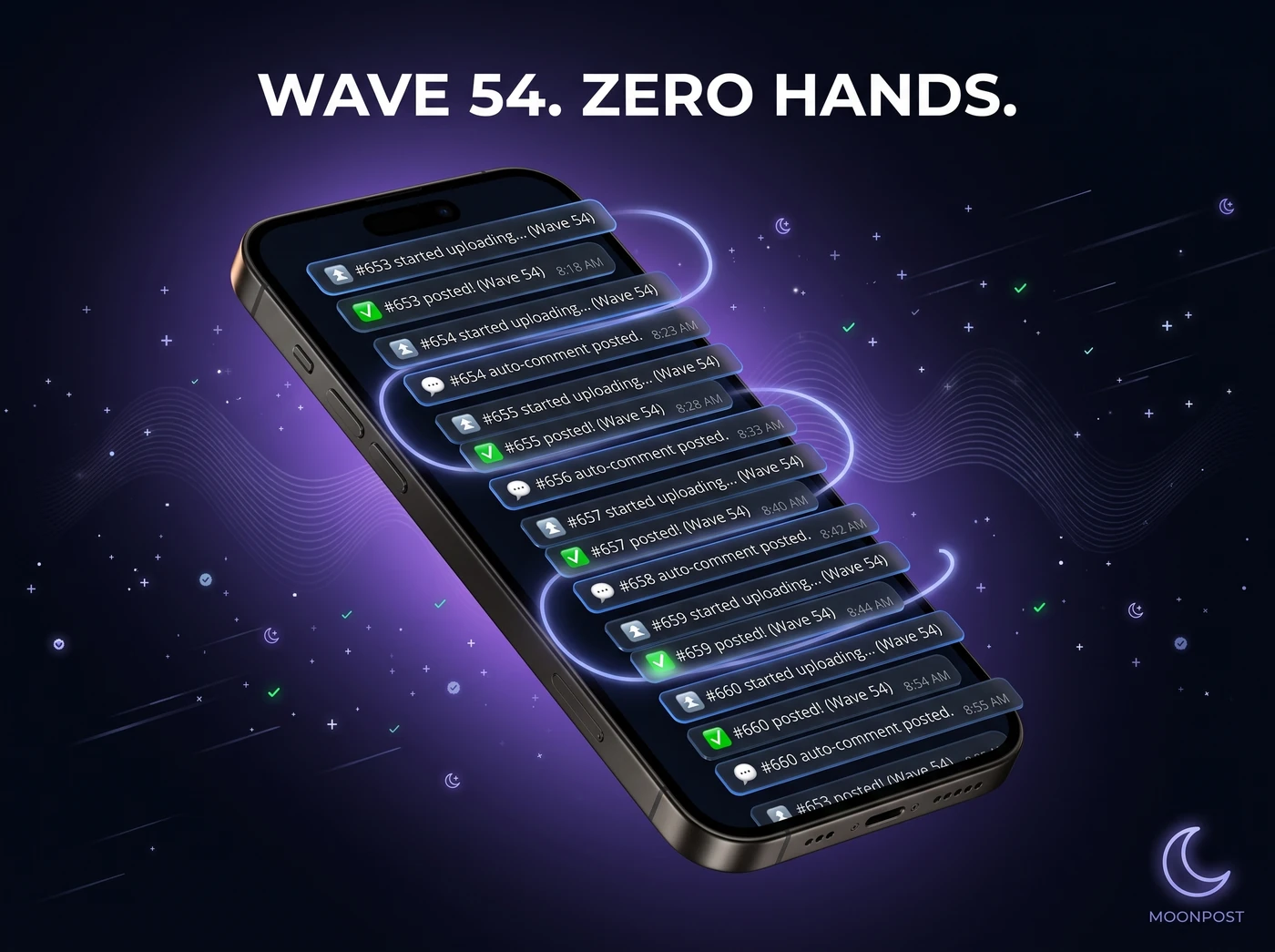 Telegram log showing wave 54 uploading, posting and auto-commenting on its own