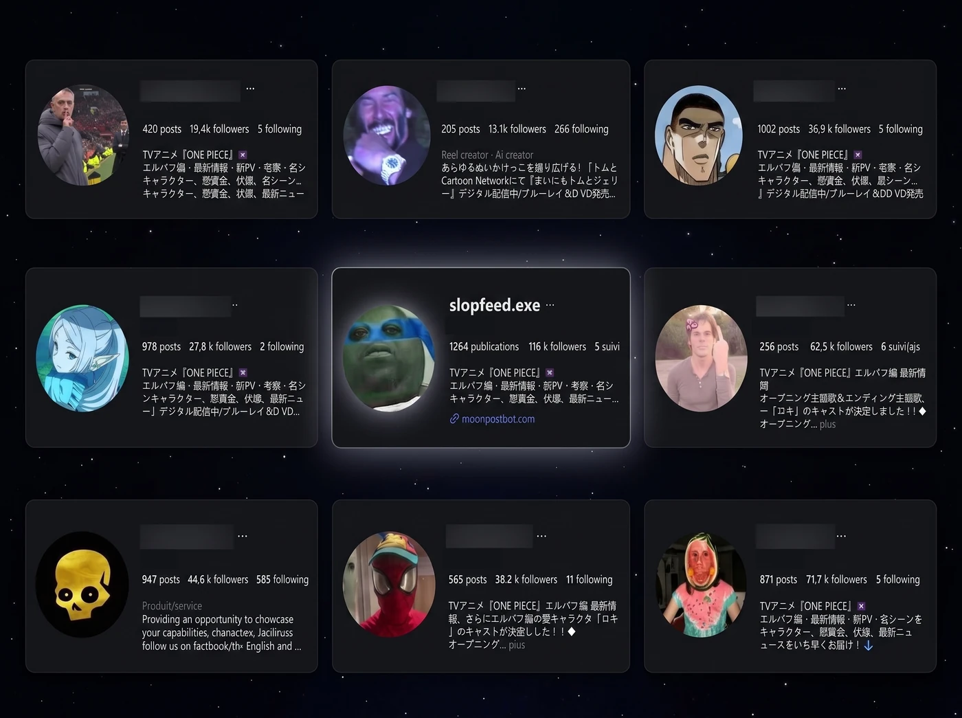 Nine Instagram profiles run on Moonpost, follower counts from 13.1K to 116K